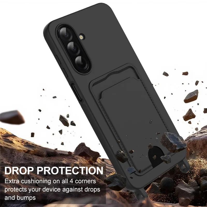 Bulk Purchasing For Samsung Galaxy A56 5G  /  A36 5G Case Liquid Silicone Card Holder Phone Back Cover with Short Strap - Black