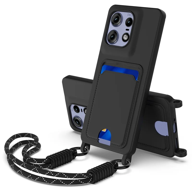For Motorola Edge 50 Pro 5G Liquid Silicone Case Phone Back Cover with Short Strap - Black