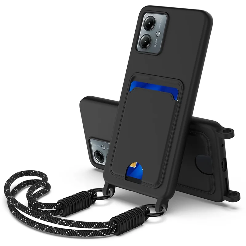 For Motorola Moto G14 4G Case Liquid Silicone Card Holder Phone Back Cover with Short Strap - Black