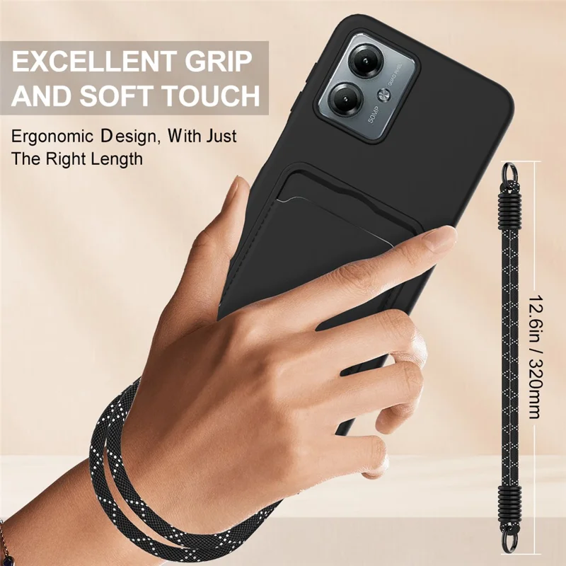 For Motorola Moto G14 4G Case Liquid Silicone Card Holder Phone Back Cover with Short Strap - Black