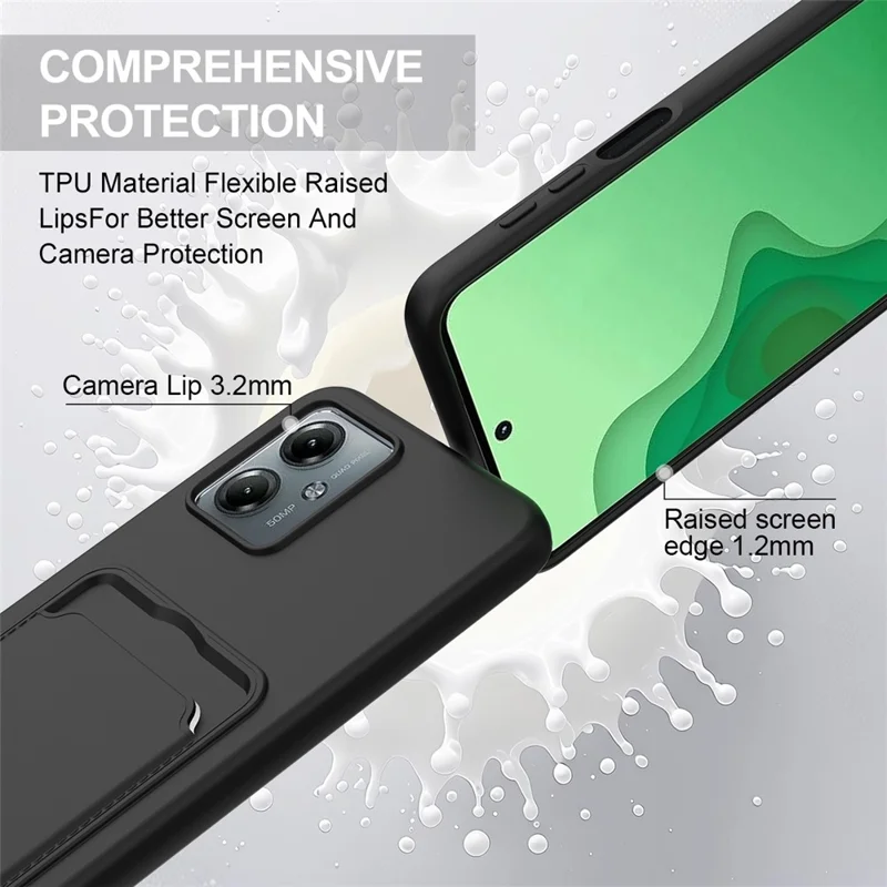 For Motorola Moto G14 4G Case Liquid Silicone Card Holder Phone Back Cover with Short Strap - Black