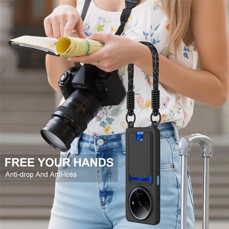 Liquid Silicone Case For Xiaomi Redmi A3 4G  /  A3x 4G  /  Poco C61 4G Card Holder Phone Back Cover with Short Strap - Black