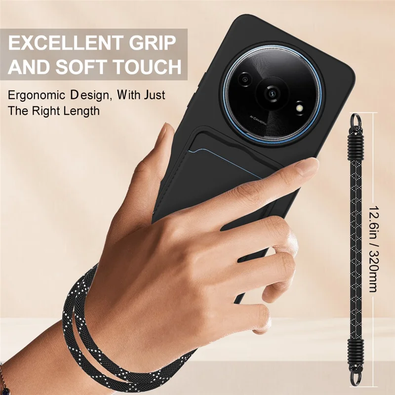 Liquid Silicone Case For Xiaomi Redmi A3 4G  /  A3x 4G  /  Poco C61 4G Card Holder Phone Back Cover with Short Strap - Black