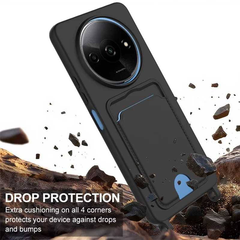 Liquid Silicone Case For Xiaomi Redmi A3 4G  /  A3x 4G  /  Poco C61 4G Card Holder Phone Back Cover with Short Strap - Black