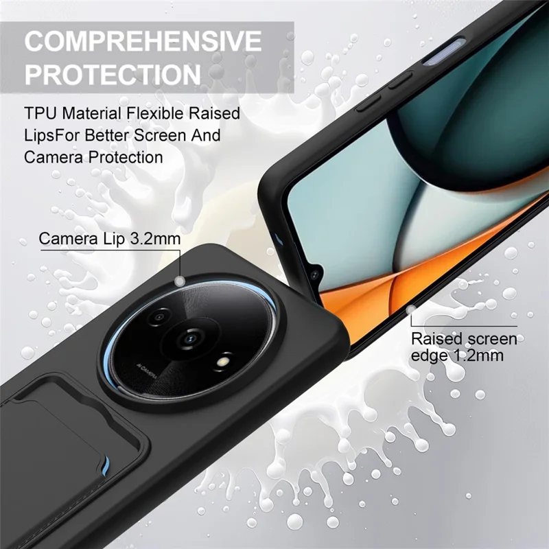 Liquid Silicone Case For Xiaomi Redmi A3 4G  /  A3x 4G  /  Poco C61 4G Card Holder Phone Back Cover with Short Strap - Black