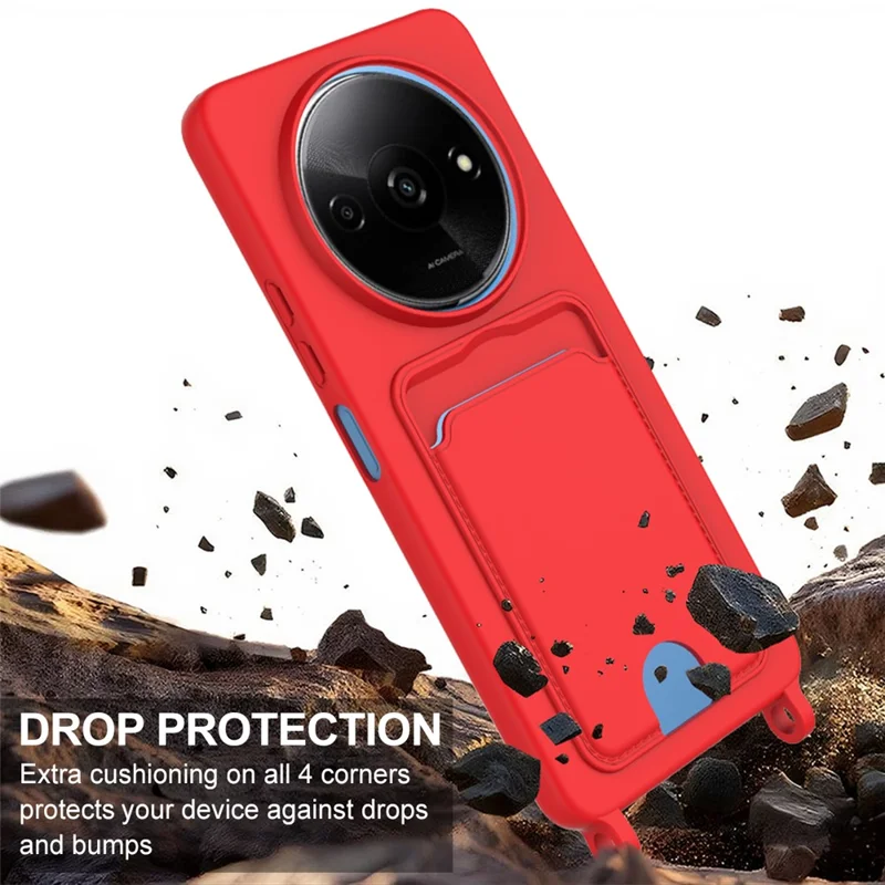 Vloeibaar Siliconen Hoofdtelefoon voor Xiaomi Redmi A3 4G / A3x 4G / Poco C61 4G met Kaarthouder en Korte Riempje - Rood