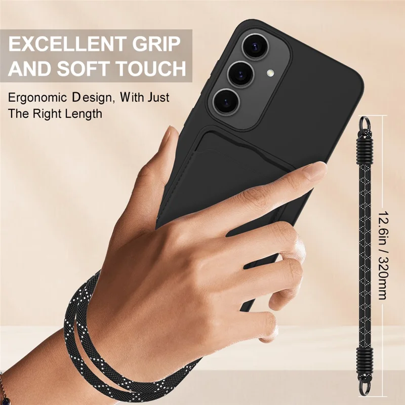 For Samsung Galaxy S24+ Case Liquid Silicone Card Holder Phone Back Cover with Short Strap - Black