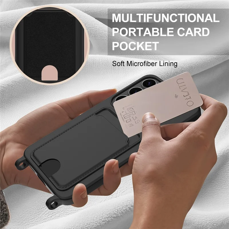 For Samsung Galaxy S24+ Case Liquid Silicone Card Holder Phone Back Cover with Short Strap - Black