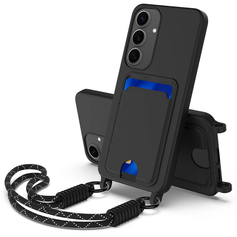For Samsung Galaxy S24 Case Liquid Silicone Card Holder Phone Back Cover with Short Strap - Black
