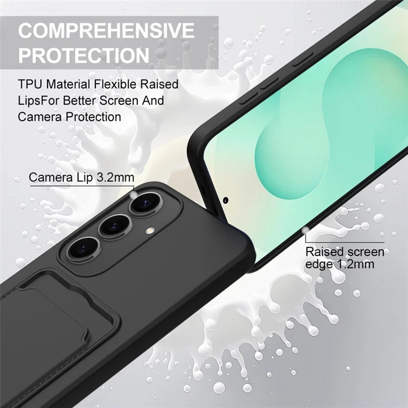 For Samsung Galaxy S24 Case Liquid Silicone Card Holder Phone Back Cover with Short Strap - Black