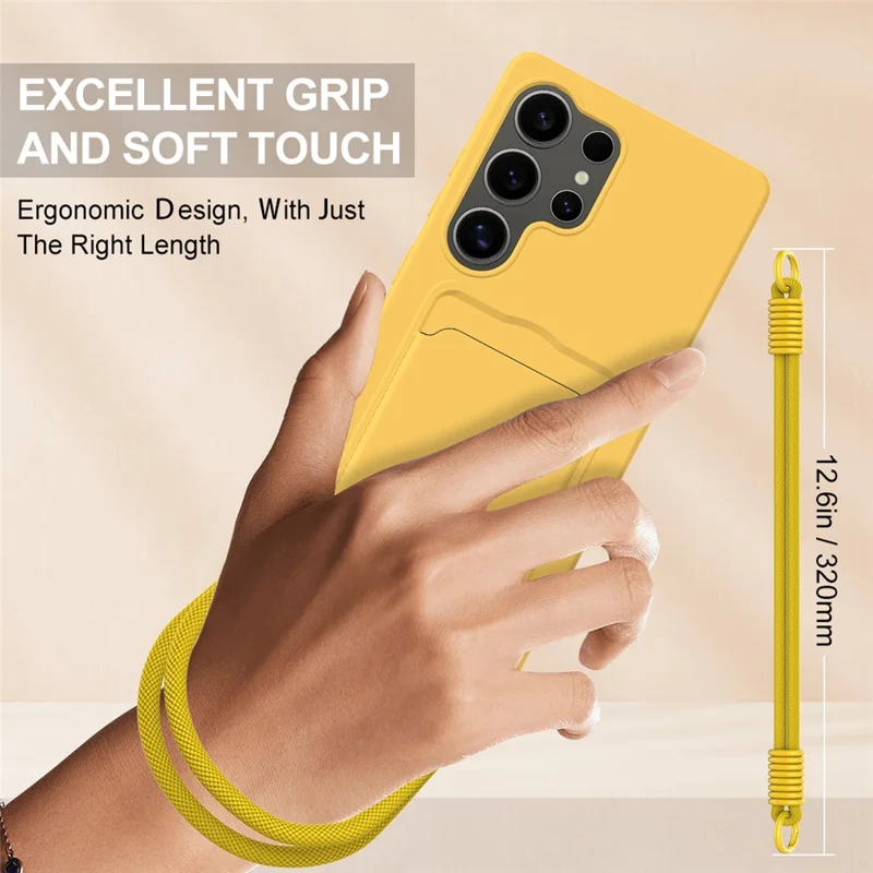 For Samsung Galaxy S24 Ultra Case Liquid Silicone Card Holder Phone Back Cover with Short Strap - Yellow
