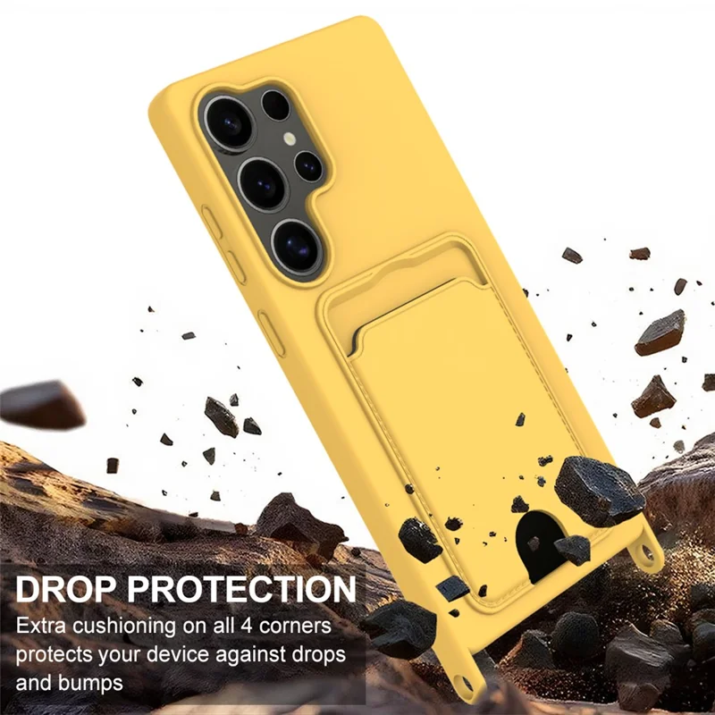 For Samsung Galaxy S24 Ultra Case Liquid Silicone Card Holder Phone Back Cover with Short Strap - Yellow