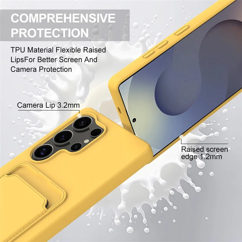 For Samsung Galaxy S24 Ultra Case Liquid Silicone Card Holder Phone Back Cover with Short Strap - Yellow