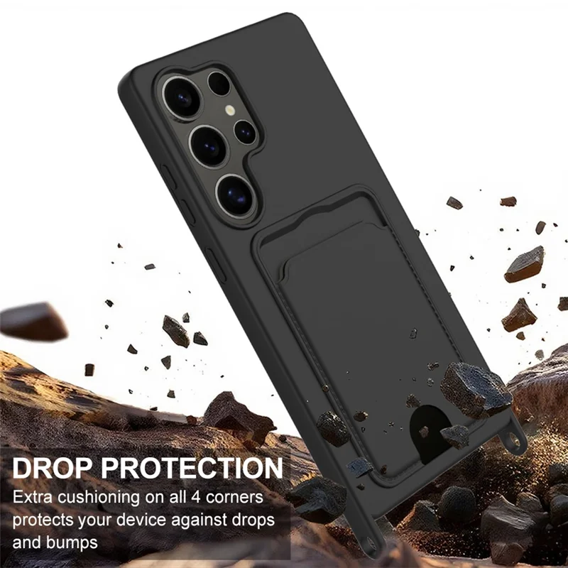 Чехол для Samsung Galaxy S25 Ultra с жидким силиконом, держателем для карт и короткой петлей на заднюю панель - Черный
