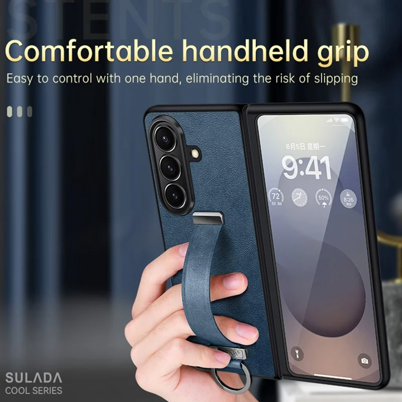 Série de moda SULADA para Samsung Galaxy Z Fold7 5G Capa de telefone de couro PU + PC Alça ajustável Suporte - Azul