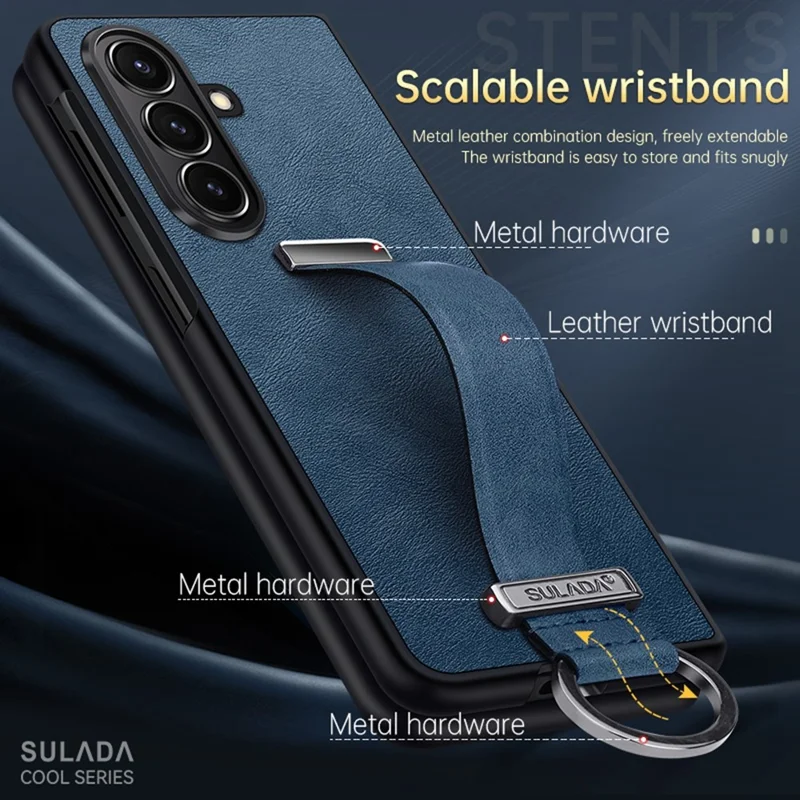 Série de moda SULADA para Samsung Galaxy Z Fold7 5G Capa de telefone de couro PU + PC Alça ajustável Suporte - Azul