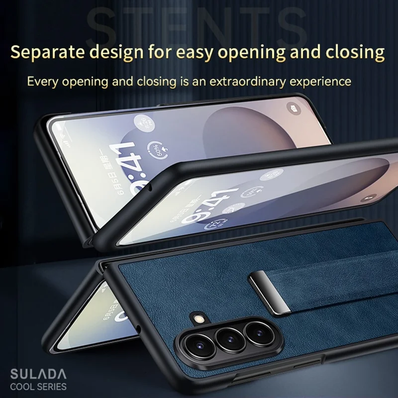 Série de moda SULADA para Samsung Galaxy Z Fold7 5G Capa de telefone de couro PU + PC Alça ajustável Suporte - Azul