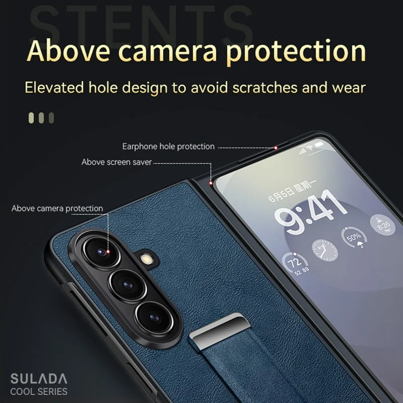 Série de moda SULADA para Samsung Galaxy Z Fold7 5G Capa de telefone de couro PU + PC Alça ajustável Suporte - Azul