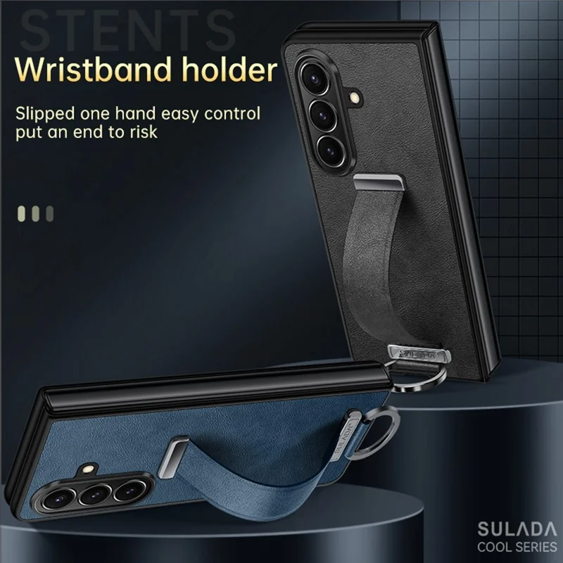 Série de moda SULADA para Samsung Galaxy Z Fold7 5G Capa de telefone de couro PU + PC Alça ajustável Suporte - Azul
