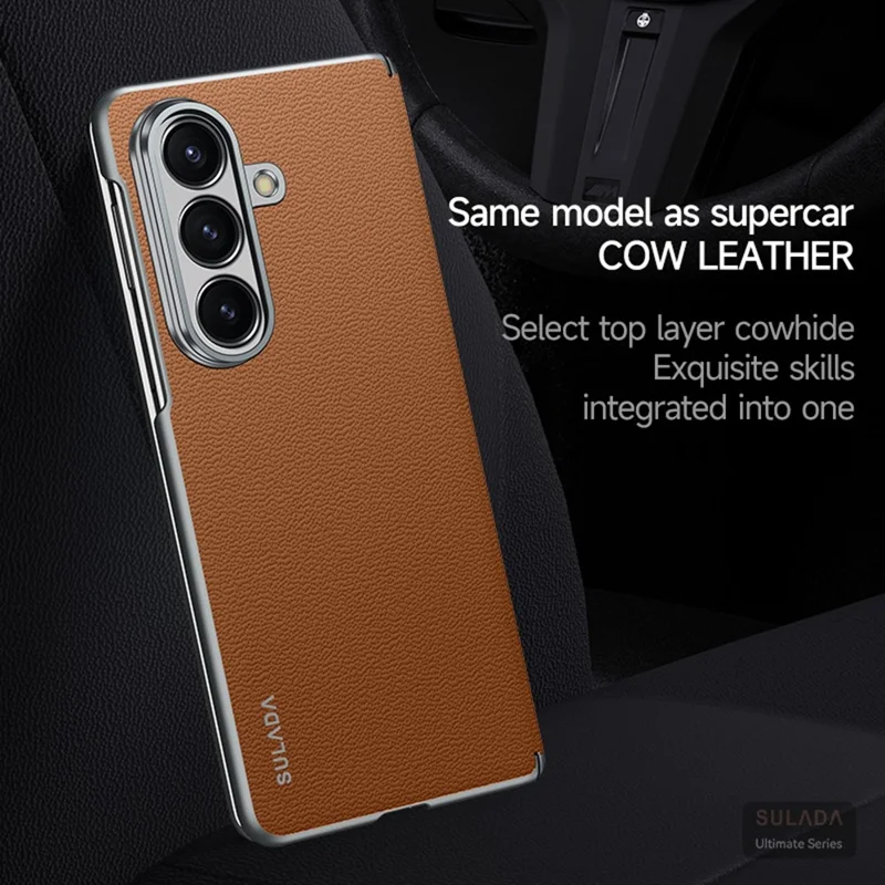 SULADA For Samsung Galaxy Z Fold7 5G Case Genuine Cow Leather Frameless Phone Back Cover - Brown