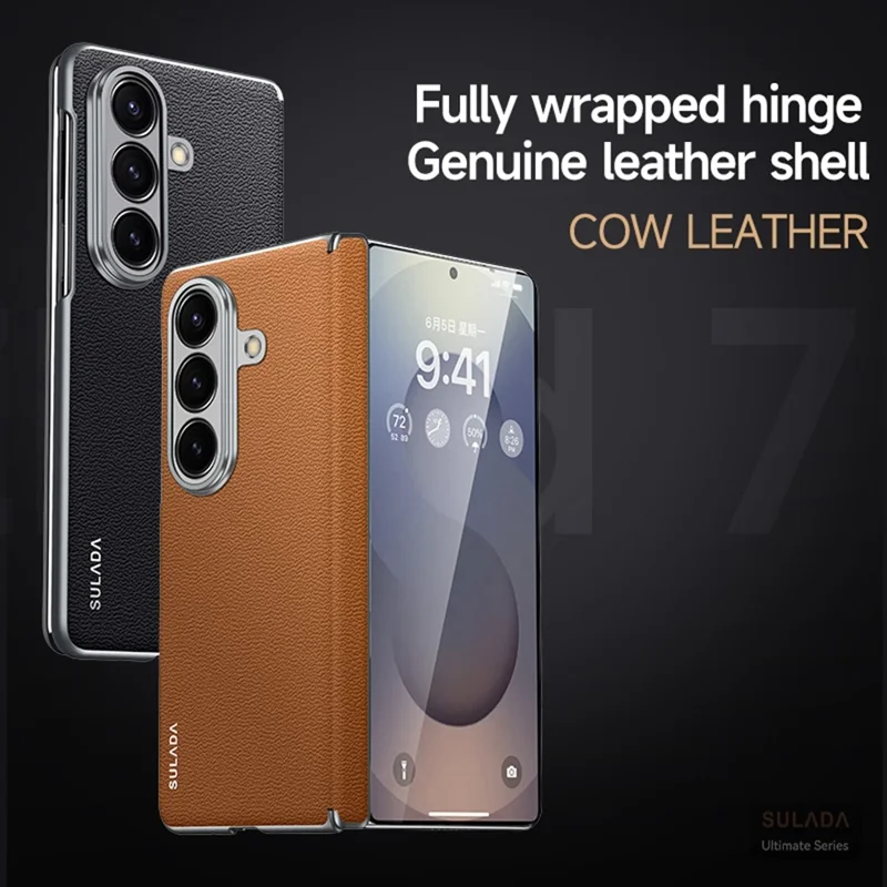 SULADA For Samsung Galaxy Z Fold7 5G Case Genuine Cow Leather Frameless Phone Back Cover - Brown