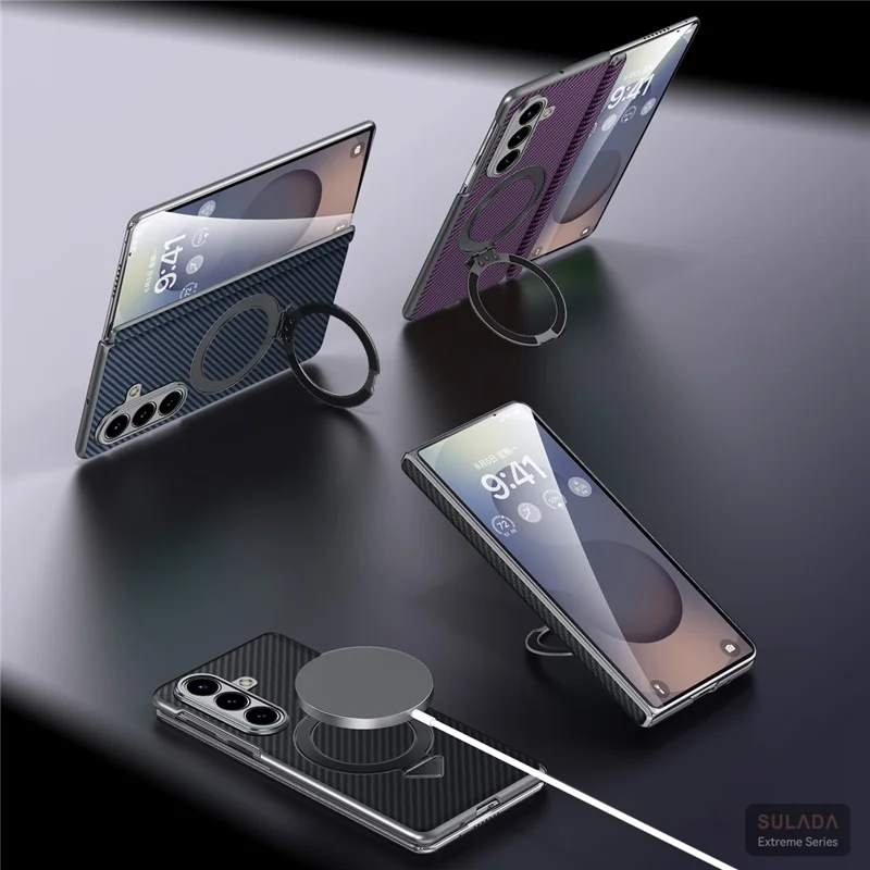 SULADA For Samsung Galaxy Z Fold7 5G Case Compatible with MagSafe Kickstand PU + PC Phone Cover Carbon Fiber Texture - Black