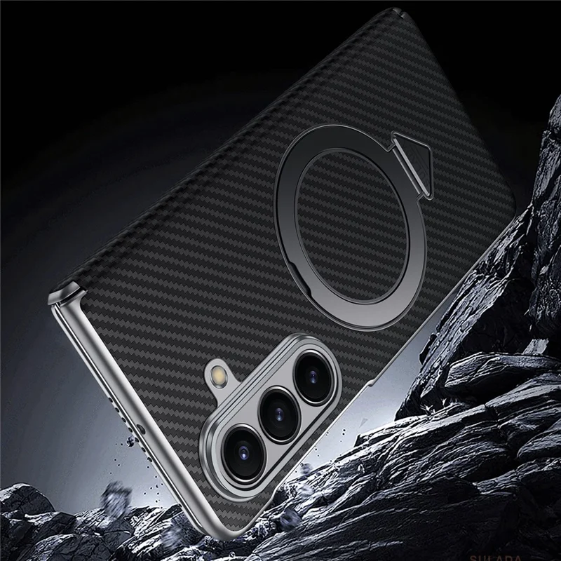 SULADA For Samsung Galaxy Z Fold7 5G Case Compatible with MagSafe Kickstand PU + PC Phone Cover Carbon Fiber Texture - Black