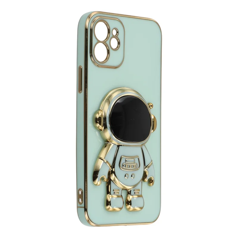 Capa para iPhone 12 com Revestimento Eletrolítico de TPU Macio com Suporte Oculto de Astronauta - Verde