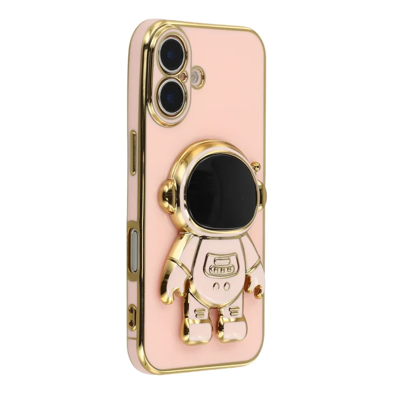 For iPhone 16 Case Electroplating Soft TPU Phone Cover with Astronaut Hidden Kickstand - Pink