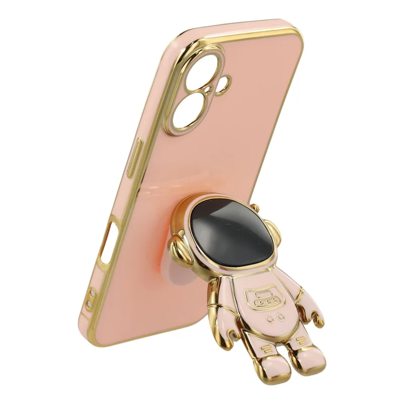 For iPhone 16 Case Electroplating Soft TPU Phone Cover with Astronaut Hidden Kickstand - Pink