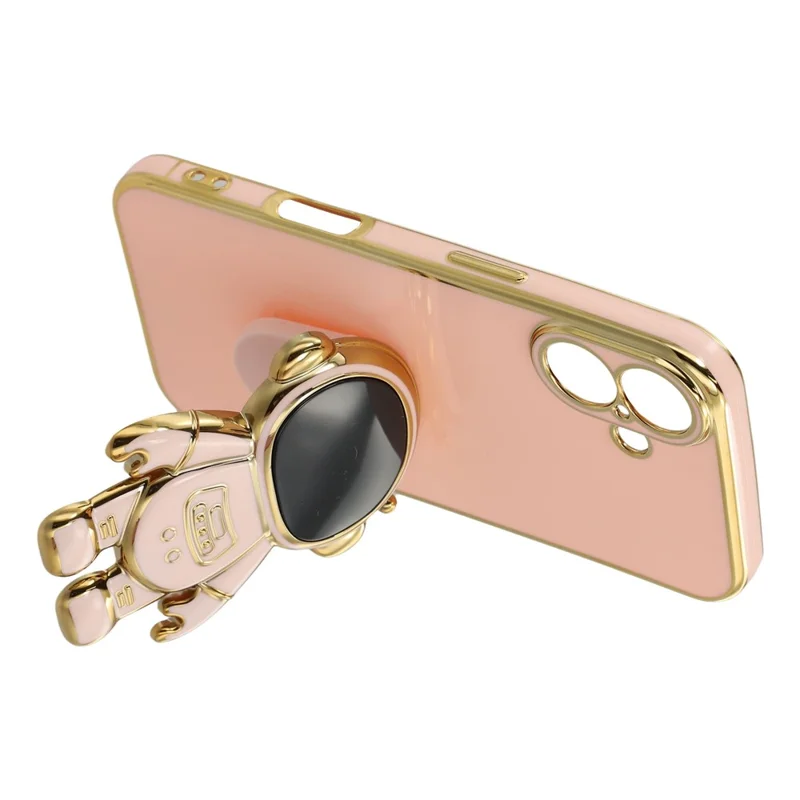 For iPhone 16 Case Electroplating Soft TPU Phone Cover with Astronaut Hidden Kickstand - Pink