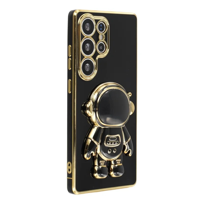 Pour Samsung Galaxy S23 Ultra Étui Électroplaqué Souple TPU Housse de téléphone avec Support Caché Astronaute - Noir