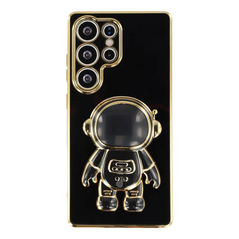For Samsung Galaxy S24 Ultra Case Electroplating Soft TPU Phone Cover with Astronaut Hidden Kickstand - Black
