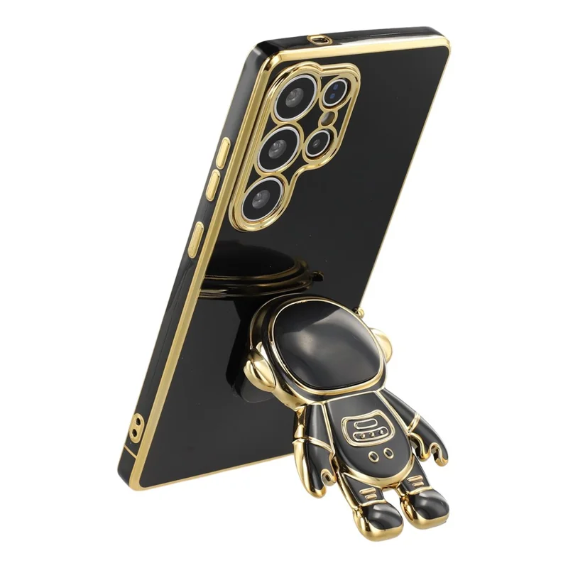 For Samsung Galaxy S24 Ultra Case Electroplating Soft TPU Phone Cover with Astronaut Hidden Kickstand - Black