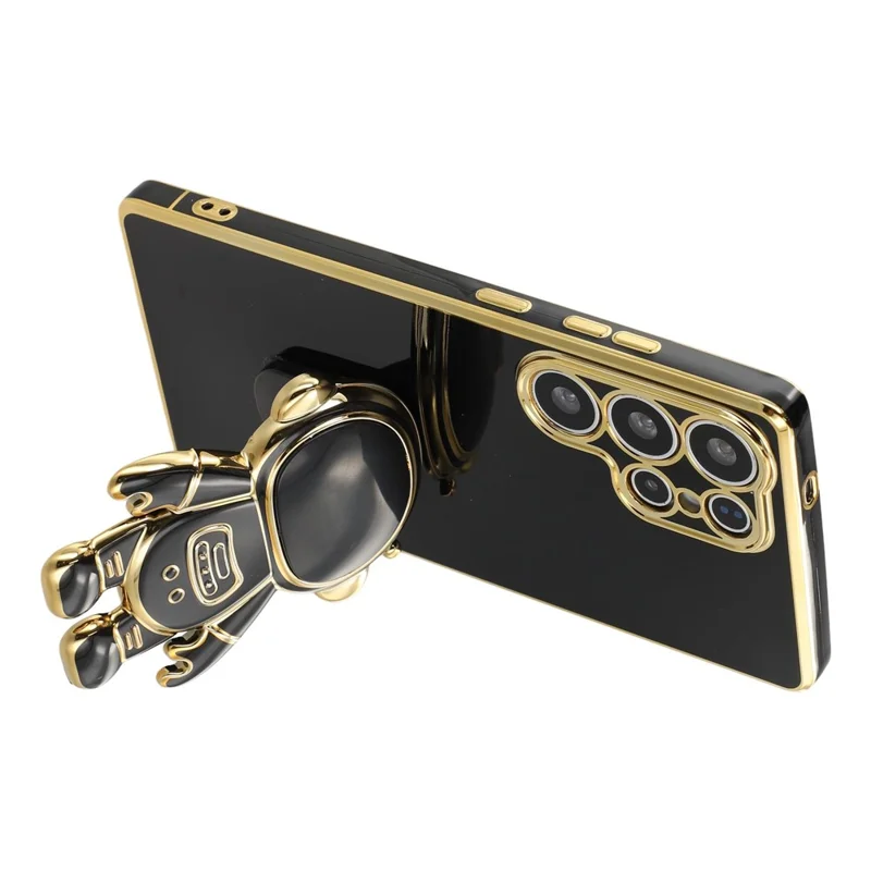 For Samsung Galaxy S24 Ultra Case Electroplating Soft TPU Phone Cover with Astronaut Hidden Kickstand - Black