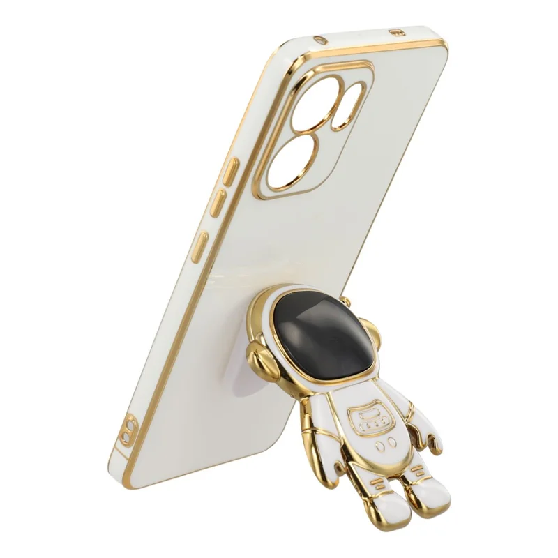 For Oppo Reno13 F 4G / 5G Case Electroplating Soft TPU Phone Cover with Astronaut Hidden Kickstand - White