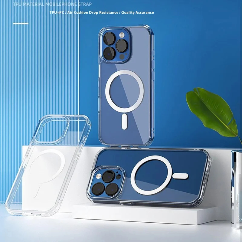 For iPhone 15 Pro Magnetic Case 1.5mm Thickness TPU + PC Clear Phone Back Cover