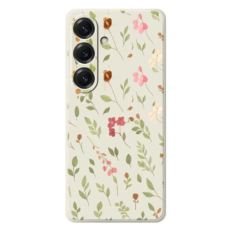 Cover per Samsung Galaxy S25 con Motivo di Piccoli Fiori e Foglie, Stampa su Bordo Dritto, Cover Posteriore TPU per Telefono - Beige