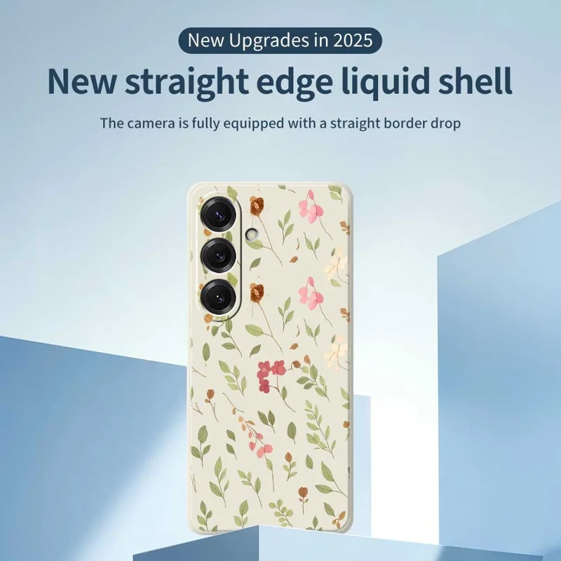 Cover per Samsung Galaxy S25 con Motivo di Piccoli Fiori e Foglie, Stampa su Bordo Dritto, Cover Posteriore TPU per Telefono - Beige