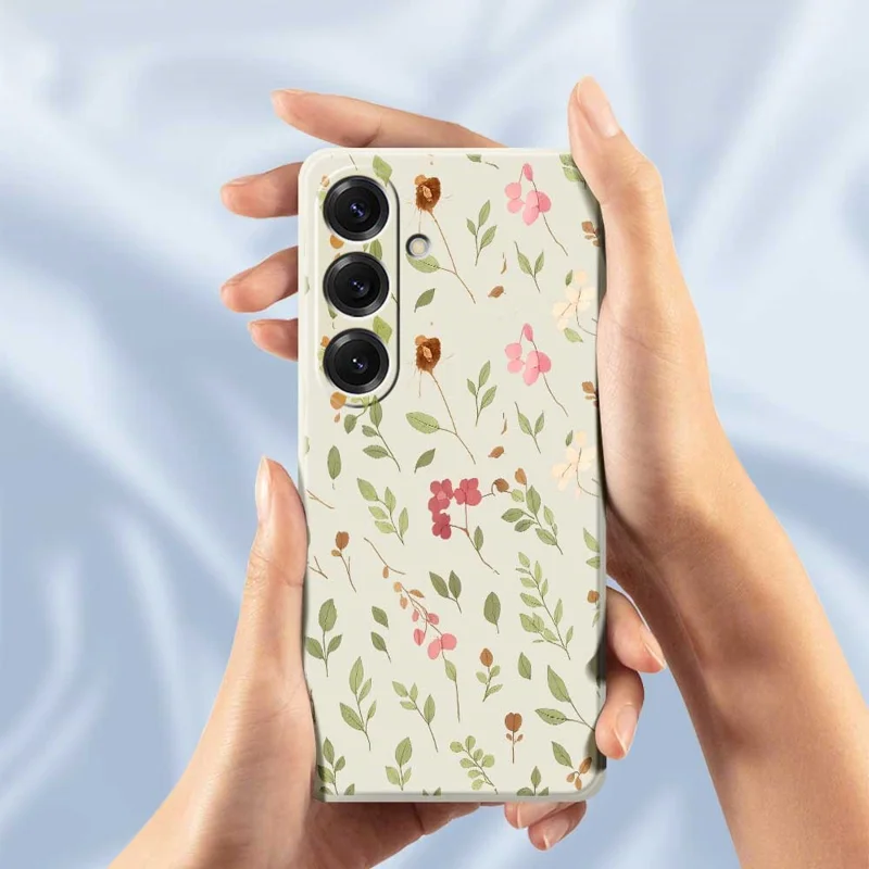 Cover per Samsung Galaxy S25 con Motivo di Piccoli Fiori e Foglie, Stampa su Bordo Dritto, Cover Posteriore TPU per Telefono - Beige