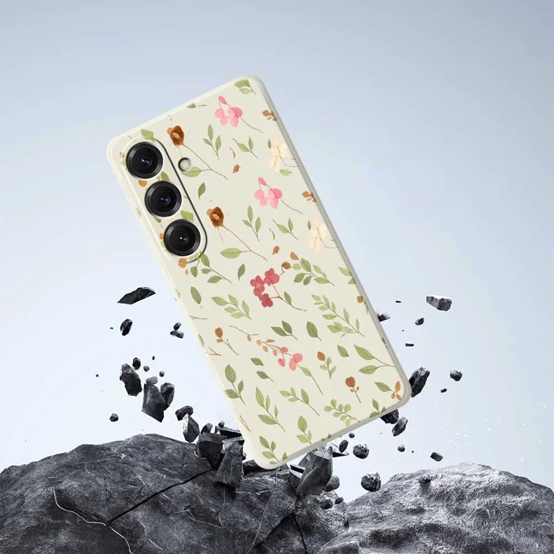 Cover per Samsung Galaxy S25 con Motivo di Piccoli Fiori e Foglie, Stampa su Bordo Dritto, Cover Posteriore TPU per Telefono - Beige