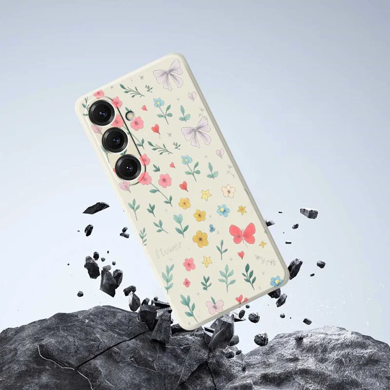For Samsung Galaxy S25 Case Floral Bow Pattern Printing Straight Edge TPU Phone Back Cover - Beige