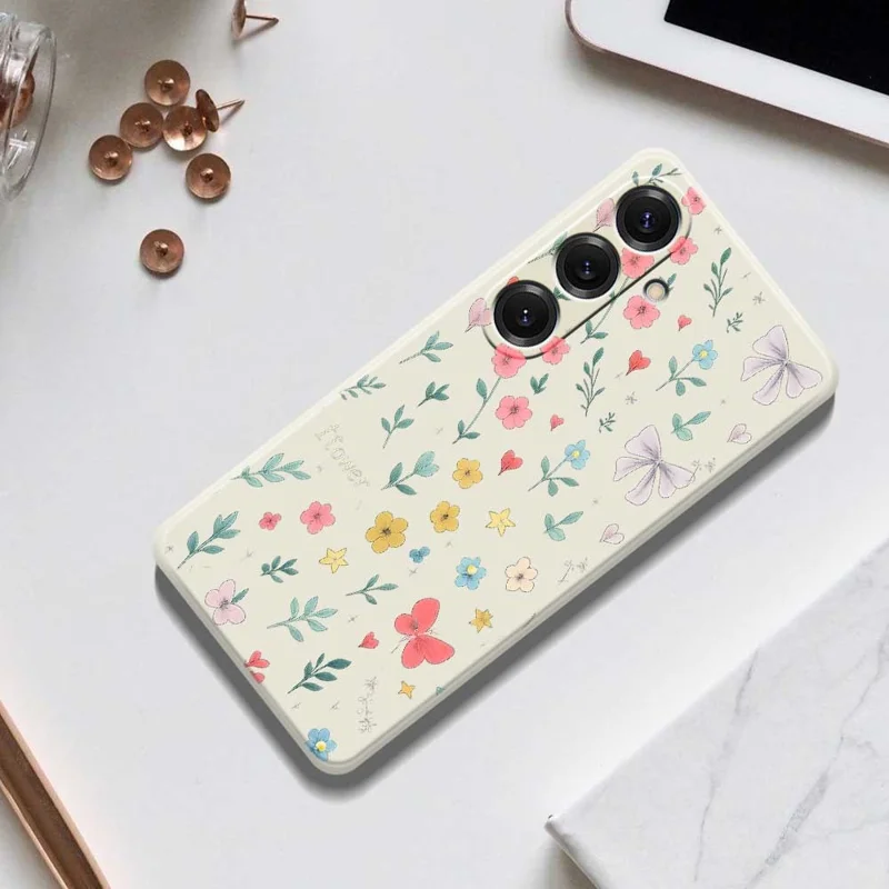 For Samsung Galaxy S25 Case Floral Bow Pattern Printing Straight Edge TPU Phone Back Cover - Beige