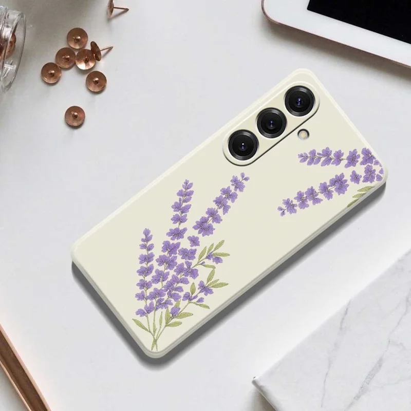 For Samsung Galaxy S25 Case Lavender Pattern Printing Straight Edge TPU Phone Back Cover - Beige