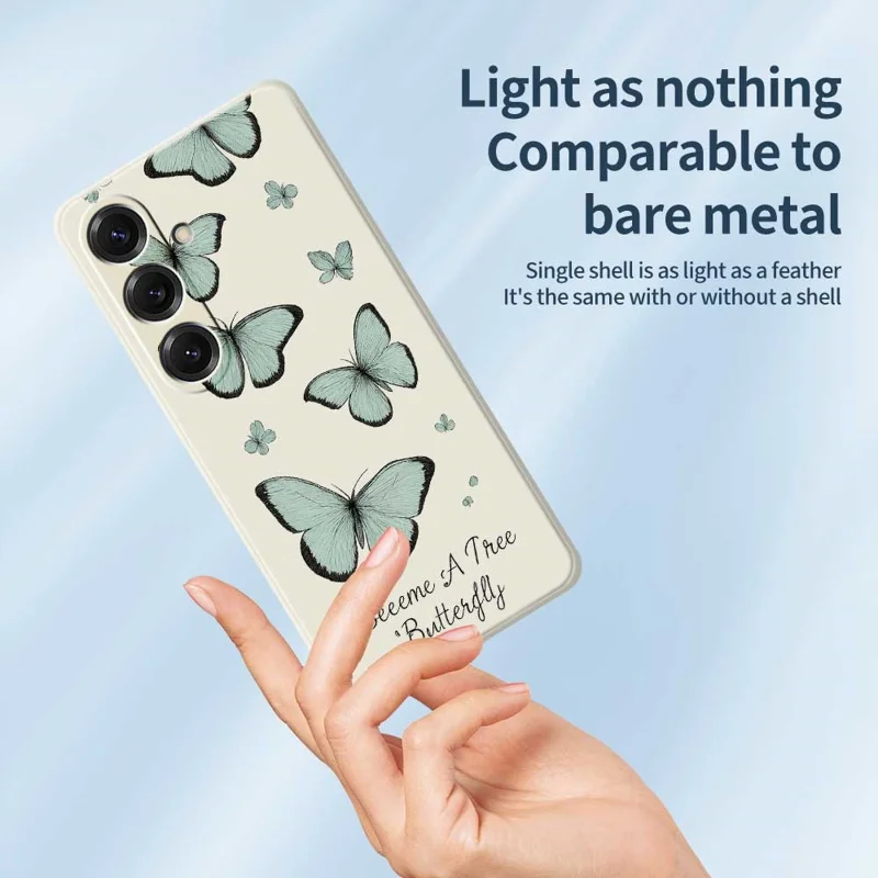 Étui pour Samsung Galaxy S25 Motif Papillon Vert Impression à Bords Droits Coque Arrière TPU pour Téléphone - Beige