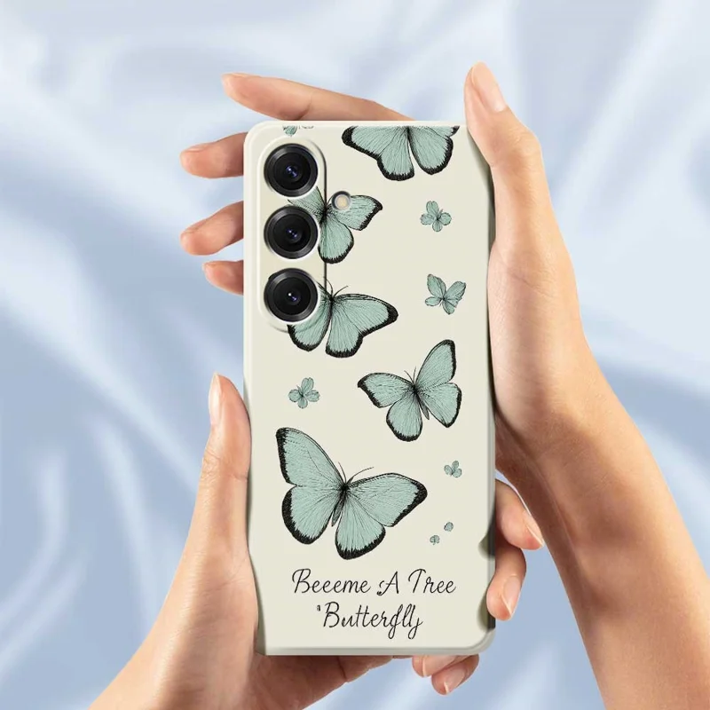 Étui pour Samsung Galaxy S25 Motif Papillon Vert Impression à Bords Droits Coque Arrière TPU pour Téléphone - Beige