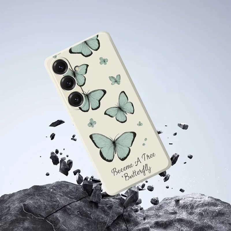 Étui pour Samsung Galaxy S25 Motif Papillon Vert Impression à Bords Droits Coque Arrière TPU pour Téléphone - Beige