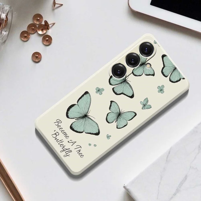 Étui pour Samsung Galaxy S25 Motif Papillon Vert Impression à Bords Droits Coque Arrière TPU pour Téléphone - Beige