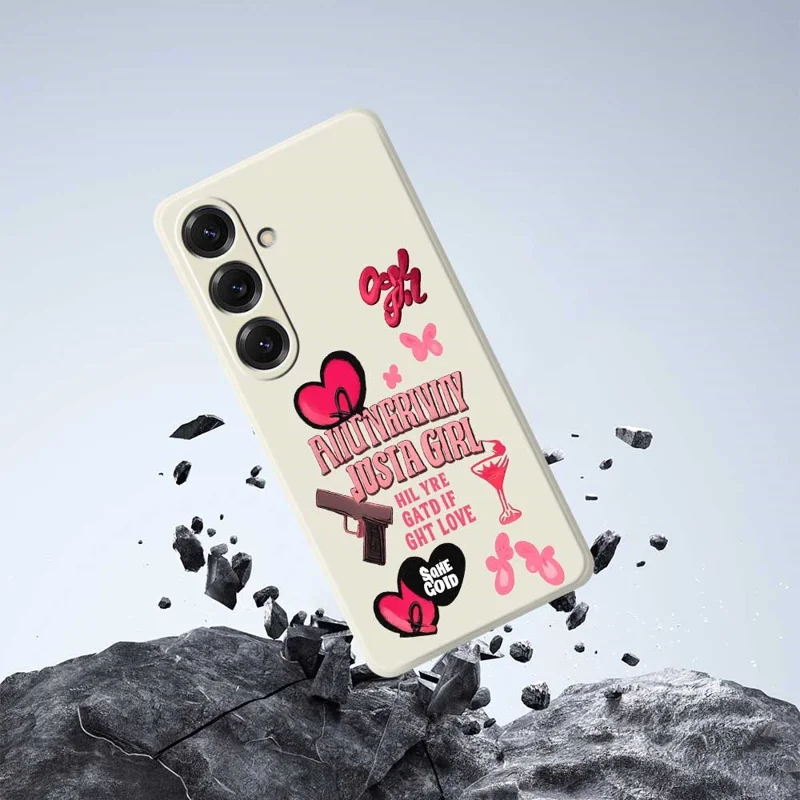For Samsung Galaxy S25 Case Pink Elements Pattern Printing Straight Edge TPU Phone Back Cover - Beige