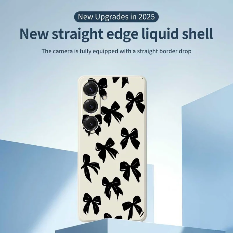 For Samsung Galaxy S25 Case Black Bow Pattern Printing Straight Edge TPU Phone Back Cover - Beige